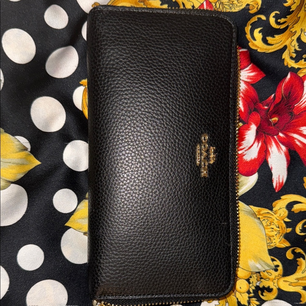 Coach Black Leather Wallet with Gold Zipper
